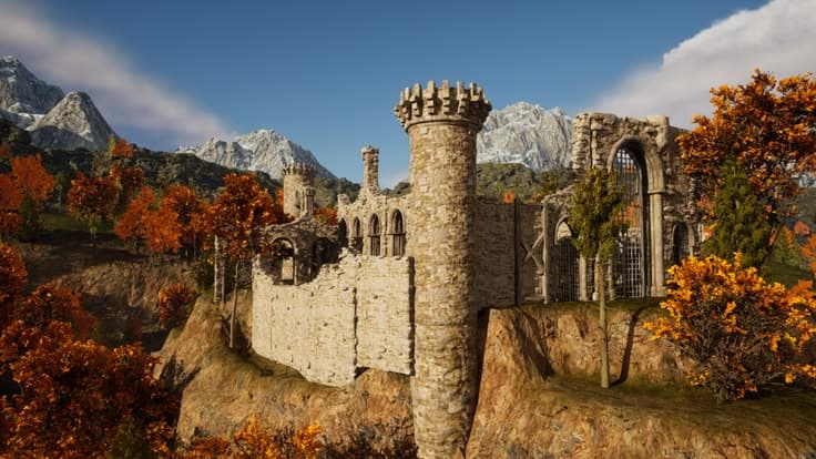 Unreal Engine castle environment with stone ruins, mountain terrain, and autumn trees